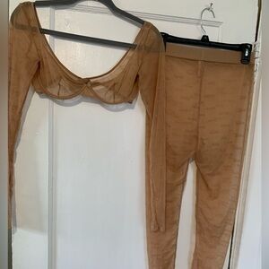 SKIMS Tan Mesh Bra and Leggings Set